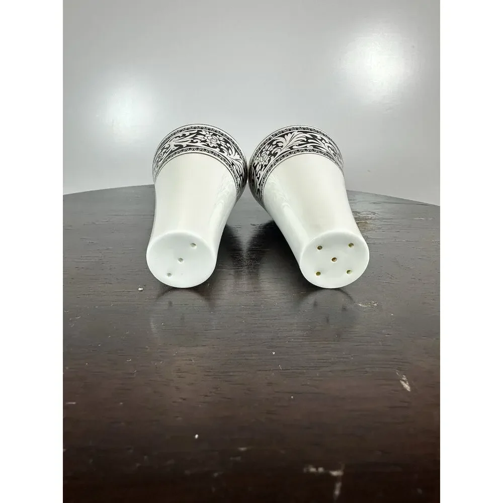 Oxford Japan Ceramic Salt & Pepper Shakers Set of 2 White Black Floral Gold Trim